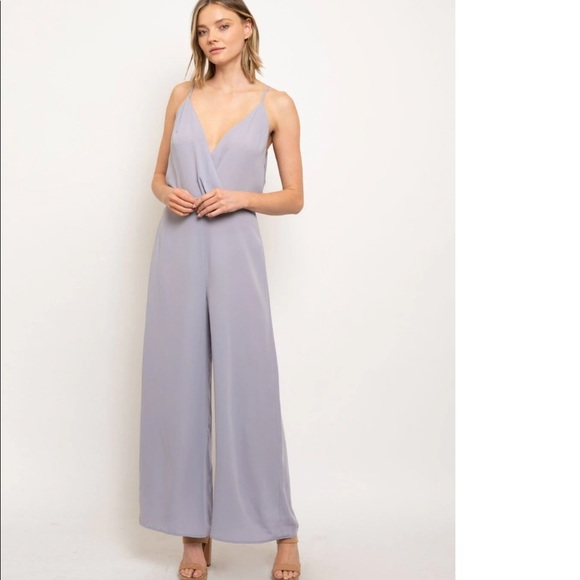 Lush Pants - Grey Open-Back V-Neck Spaghetti Strap Jumpsuit
